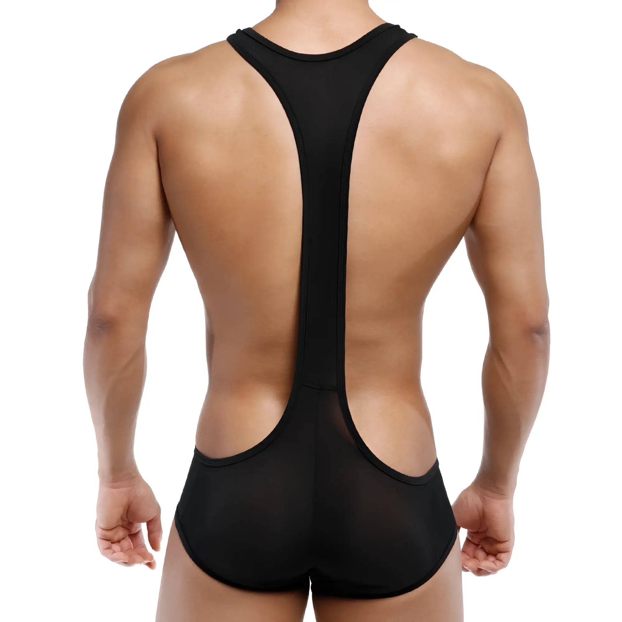 Back view of metroMalewear acme singlet black 0010-20 featuring a form-fitting racerback design and mesh panels