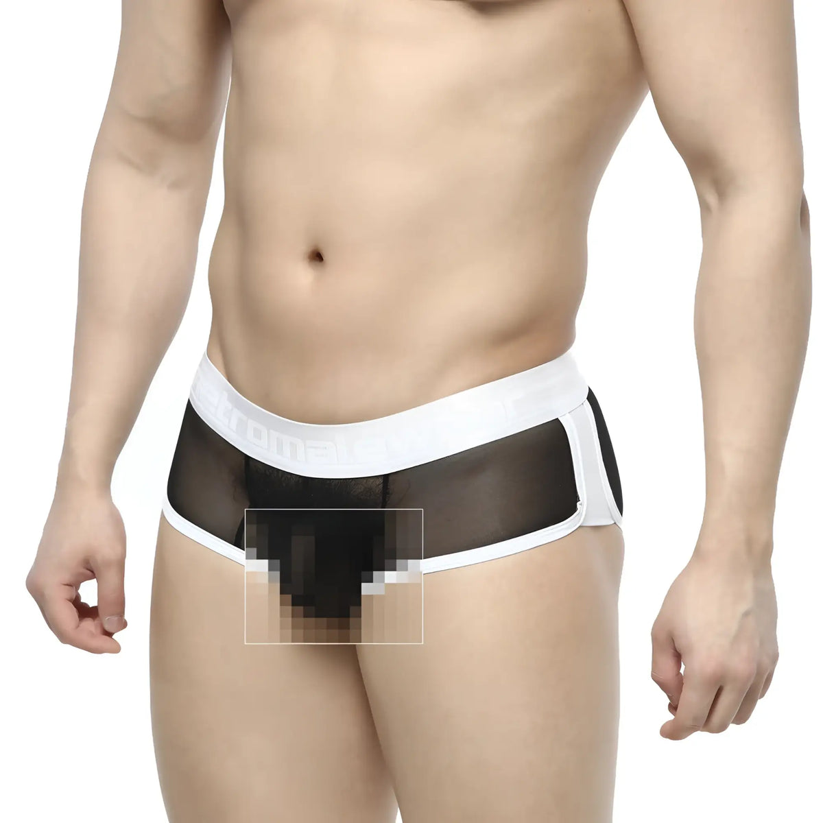 Black mesh briefs with white elastic waistband and trim metroMalewear active boxer 3327-72 front view