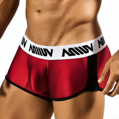 MetroMaleWear active boxer burgundy red and black briefs with white waistband featuring bold miiow branding