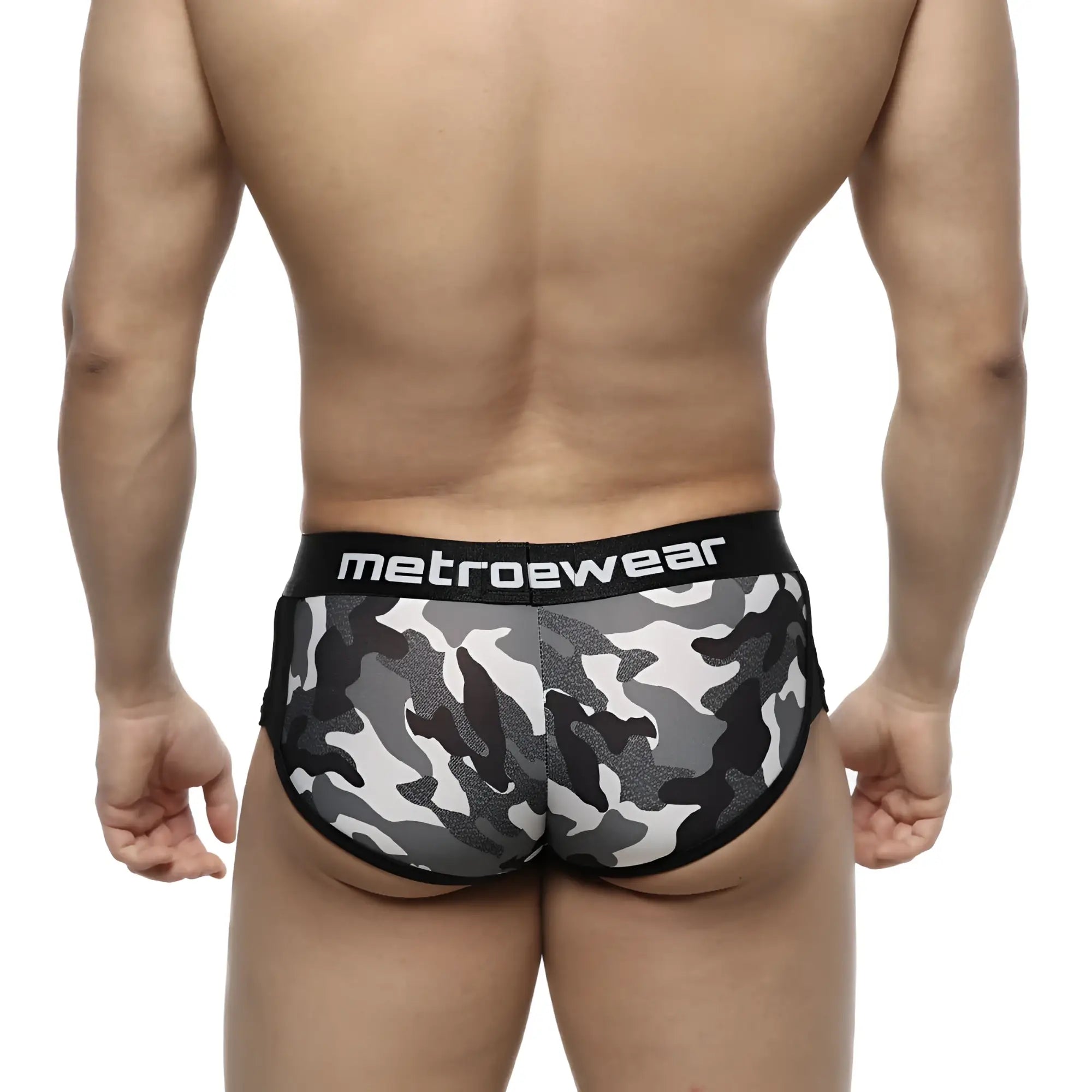 MetroMaleWear active boxer camo grey briefs with black and gray camouflage pattern and black waistband with metroewear logo