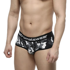 Men’s black and gray camouflage briefs with black elastic waistband branded metromalewear active boxer camo grey 3327-91
