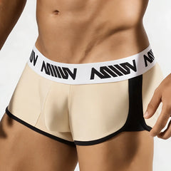 Beige and black MetroMaleWear Active Boxer Gold 3327-21 athletic briefs with white waistband and bold black miiow branding