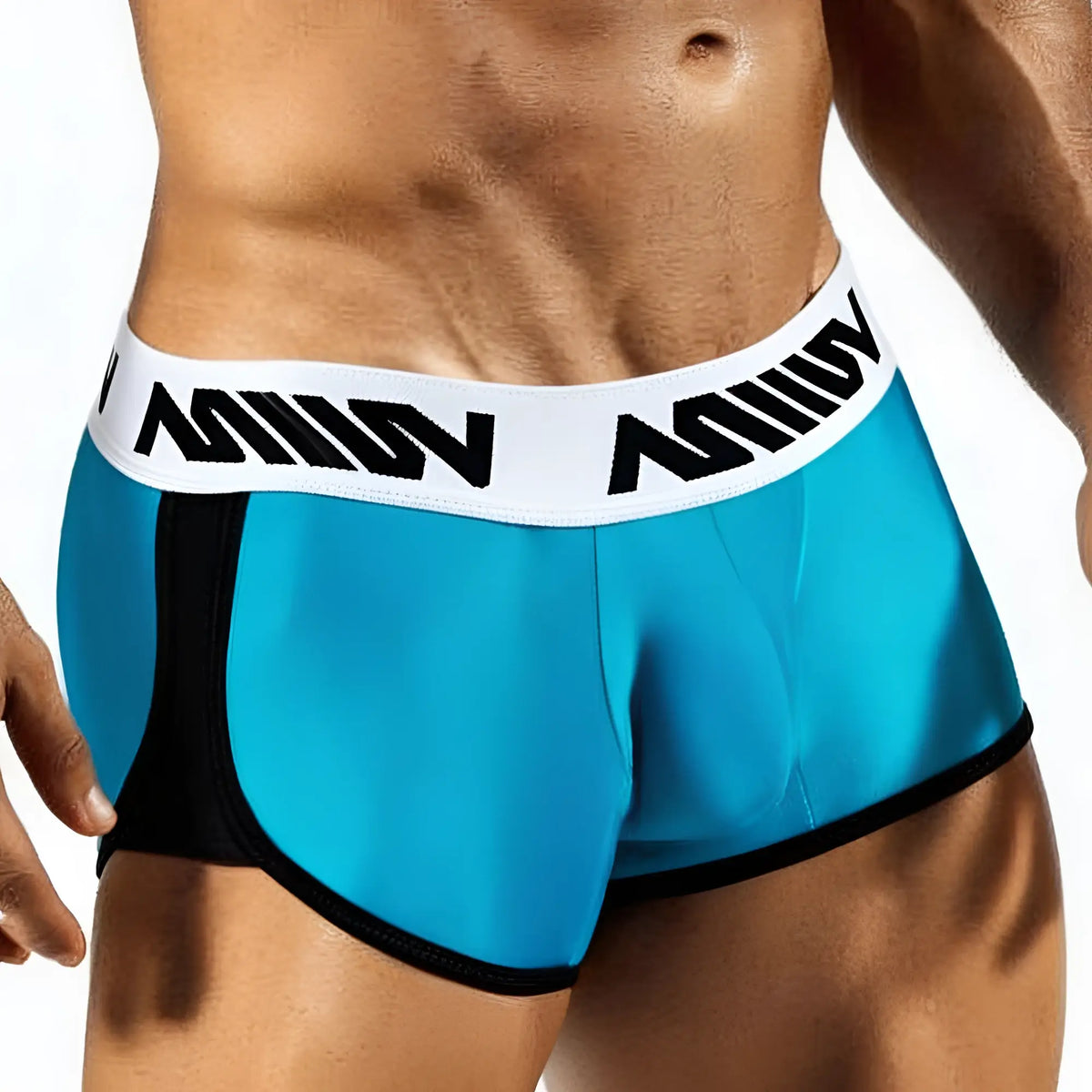 Metro male wear active boxer turquoise 3327-08 athletic briefs with blue and black fabric and white waistband with black lettering