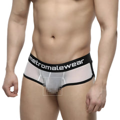 Black and transparent mesh briefs with metromalewear branding on the waistband from metro malewear active boxer white mesh 3327-71