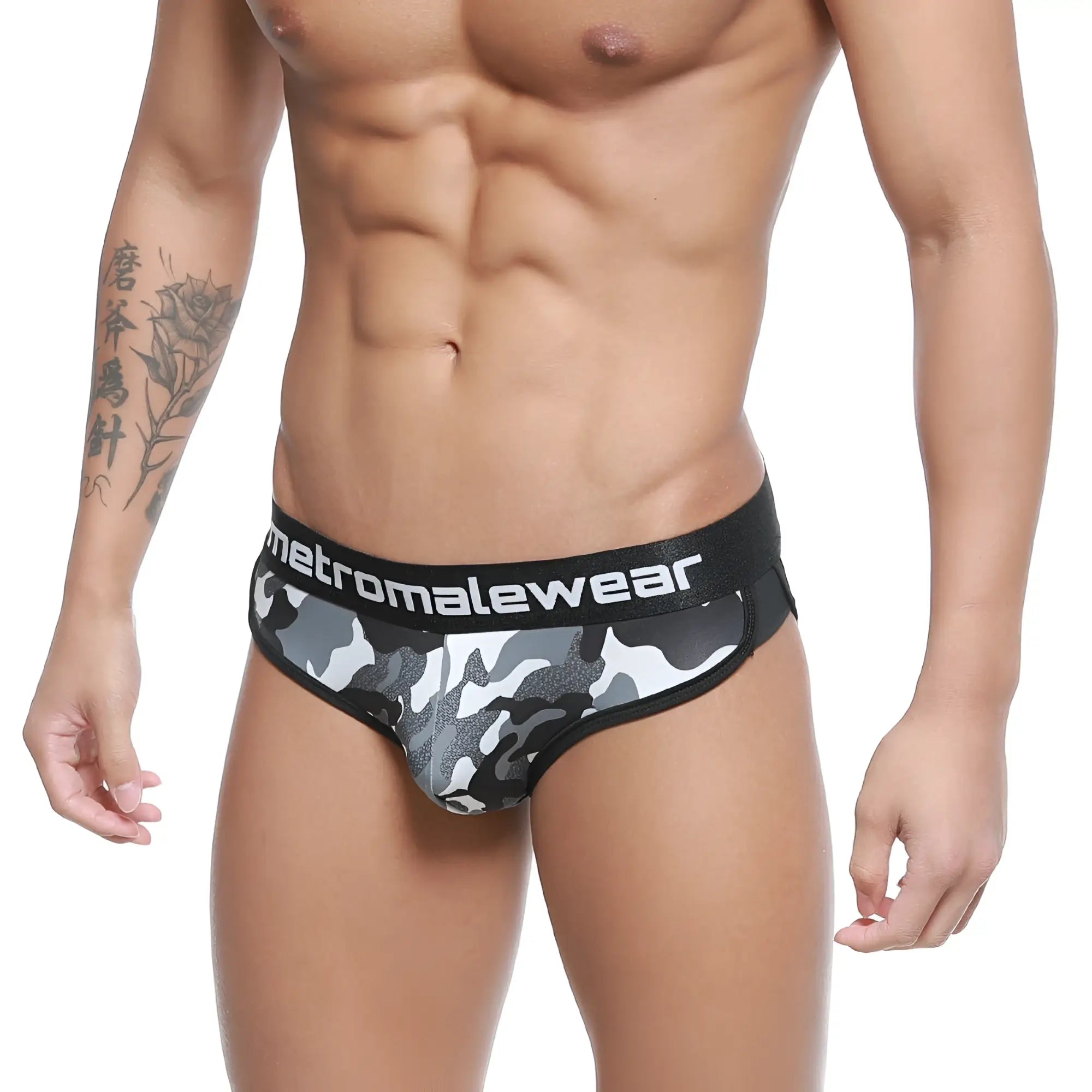 Black and gray camouflage men’s briefs with black elastic waistband branded metromalewear metro male wear active brief camo 3303-60
