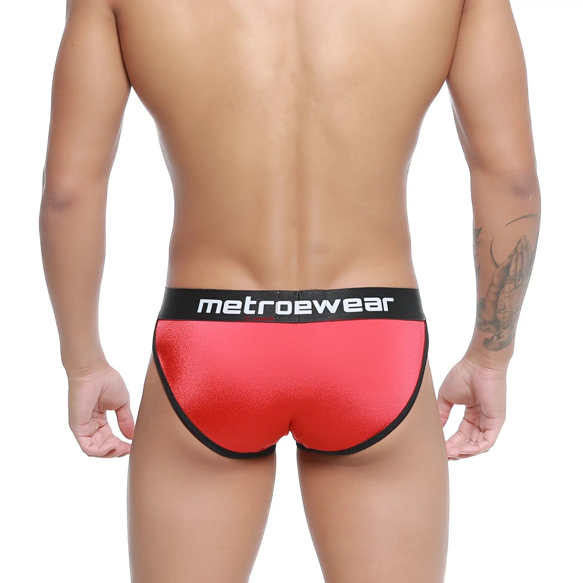 MetroMaleWear active brief red metallic with black trim and metrowear logo on waistband in a sleek design