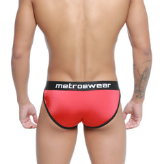 MetroMaleWear active brief red metallic with black trim and metrowear logo on waistband in a sleek design