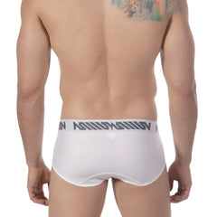 Metro male wear active mesh hip brief white with breathable mesh fabric and gray logo band at the waistband
