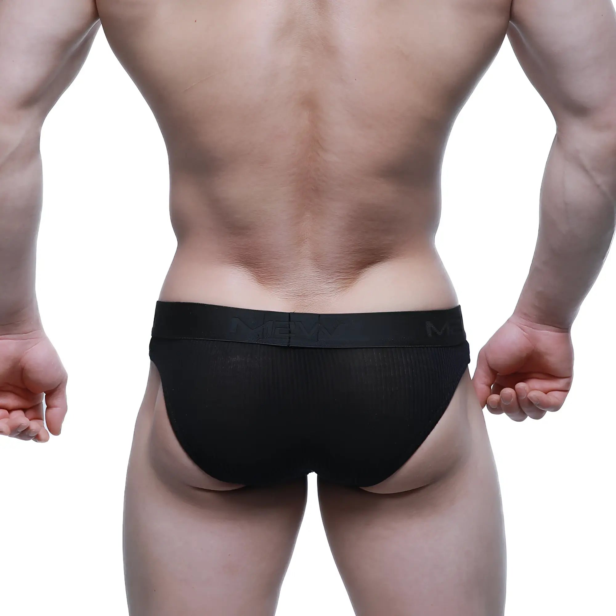 Black mesh briefs with a solid waistband featuring the m logo metro male wear air brief black 3803-20 front view