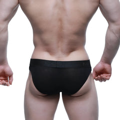 Black mesh briefs with a solid waistband featuring the m logo metro male wear air brief black 3803-20 front view