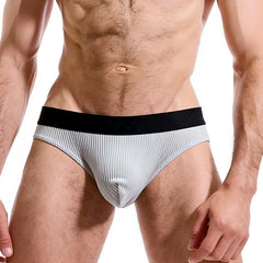 Gray ribbed MetroMaleWear air briefs with black elastic waistband featuring the melvv logo in front view