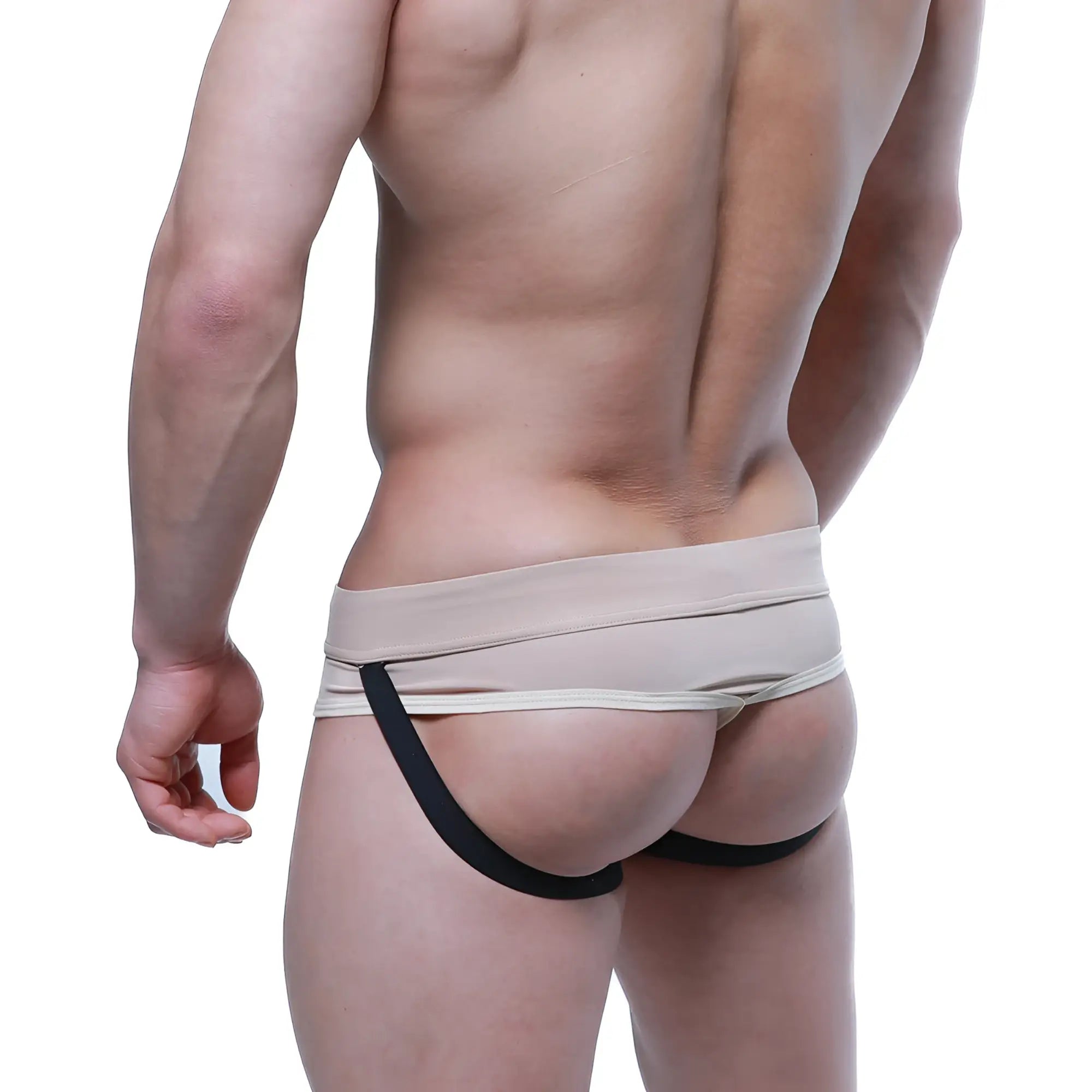Beige and black sleek form-fitting athletic briefs from metromalewear ajax jock thong nude 2711-04
