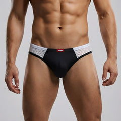 Black and white mesh trimmed brief with red mission brand label from MetroMaleWear Alcala Thong 7102 20
