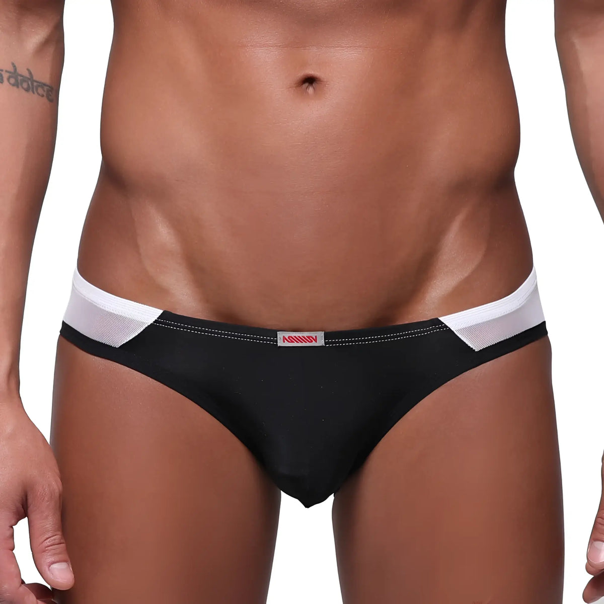 MetroMalewear Alexa bikini black briefs with white mesh trim and red nandi logo on the waistband