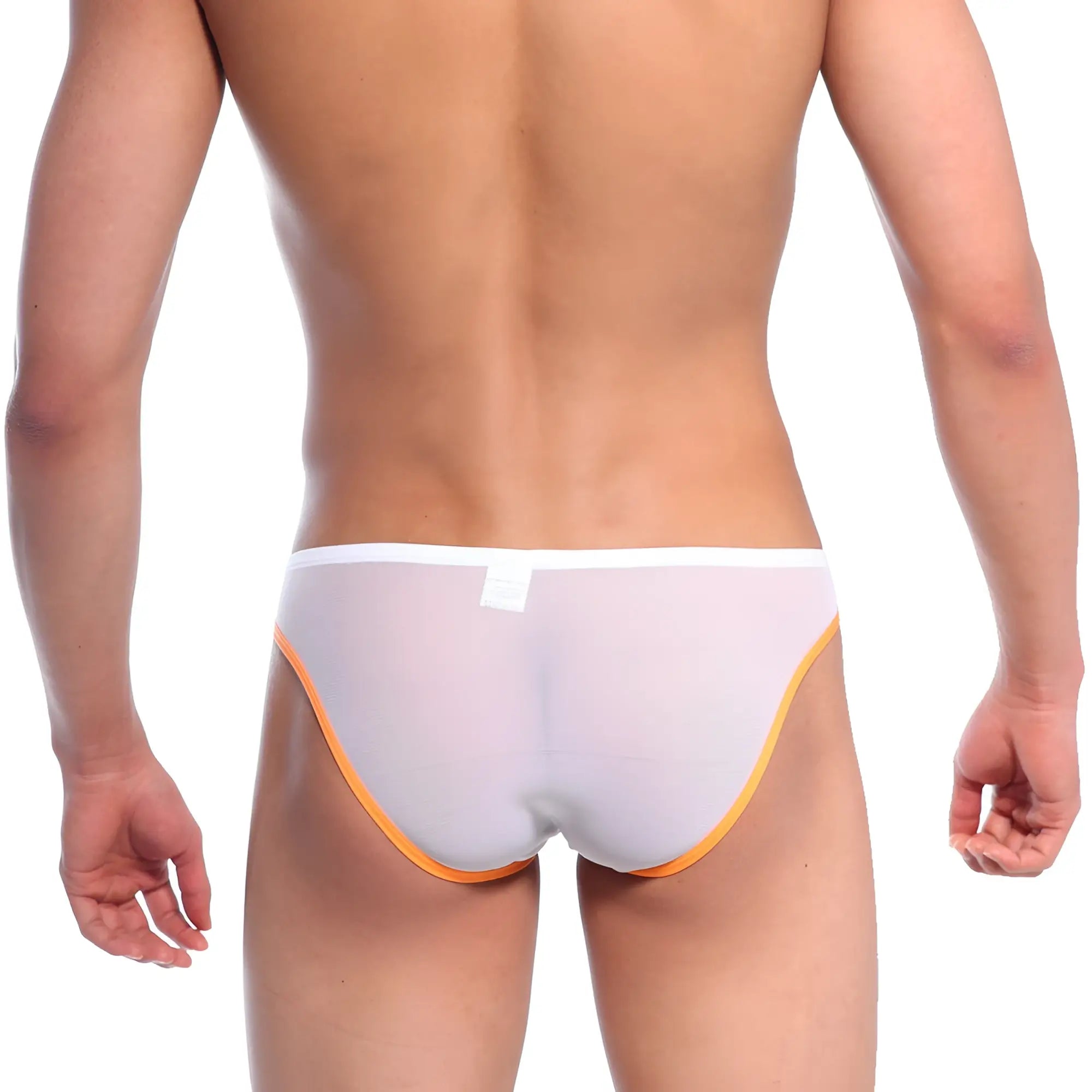 White mesh briefs with vibrant orange trim metroMalewear alexa bikini 1005-14 front view