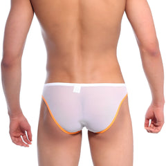 White mesh briefs with vibrant orange trim metroMalewear alexa bikini 1005-14 front view
