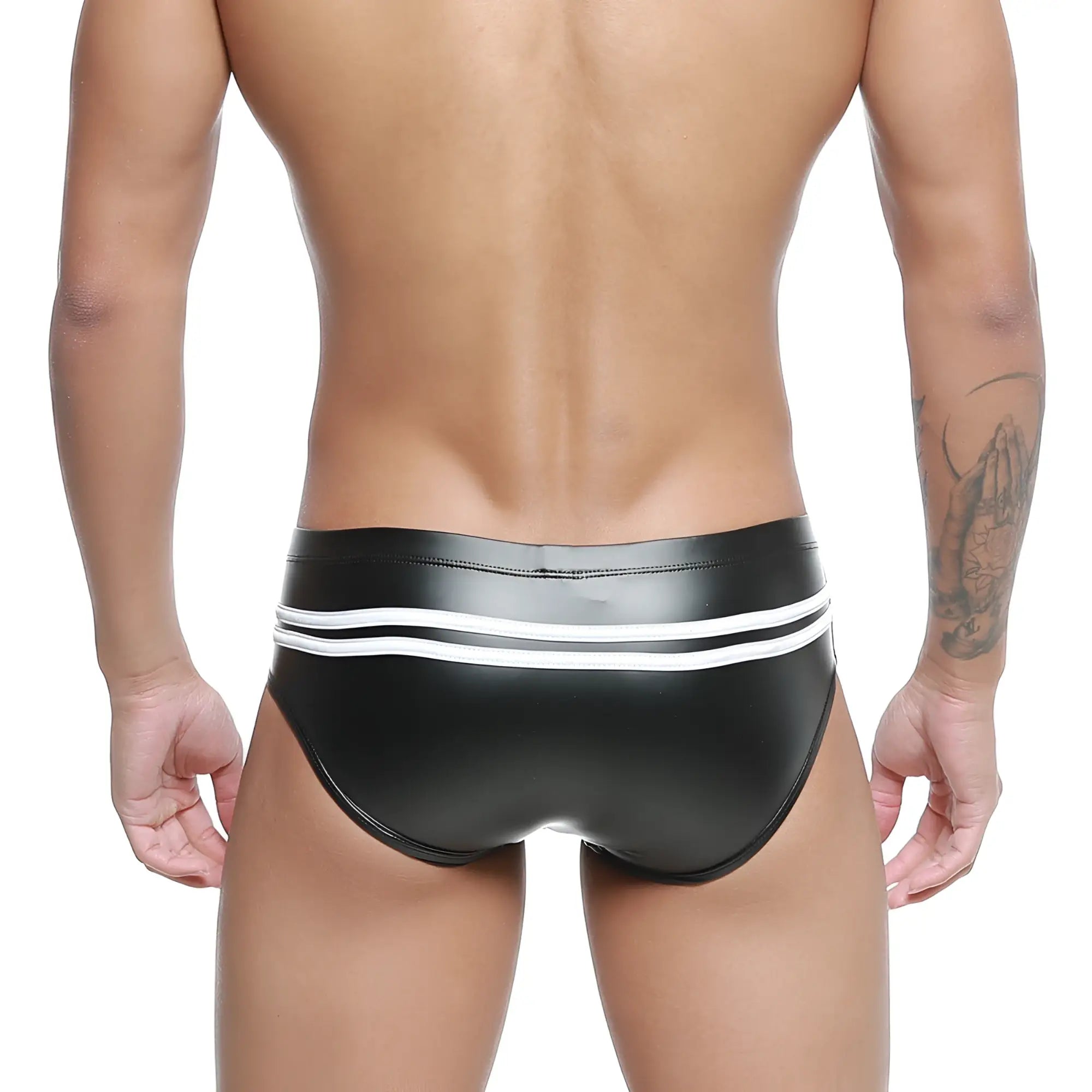 Black shiny faux leather swim trunks with white horizontal stripes on the waistband metroMalewear Alexander competition suit