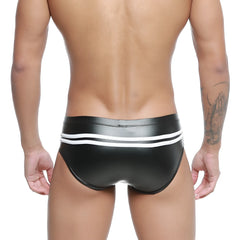 Black shiny faux leather swim trunks with white horizontal stripes on the waistband metroMalewear Alexander competition suit