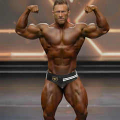 Black and white striped bodybuilding briefs with gold emblem on waistband metro malewear alexander competition suit 4966-30