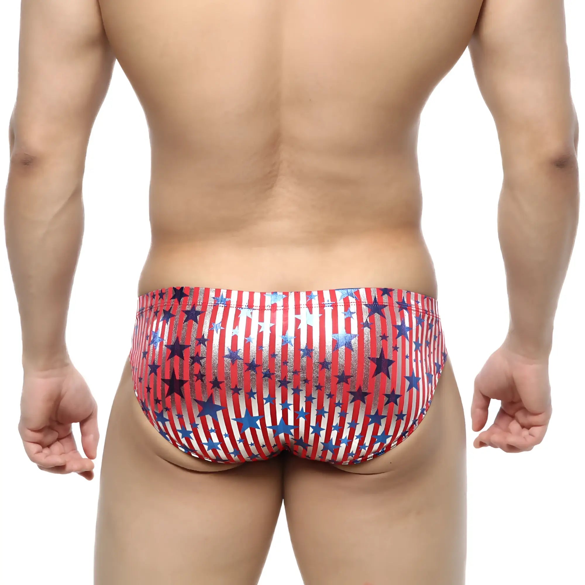 MetroMaleWear Allstar Bikini red swim trunks with red white and blue stripes and star pattern for men’s swimwear