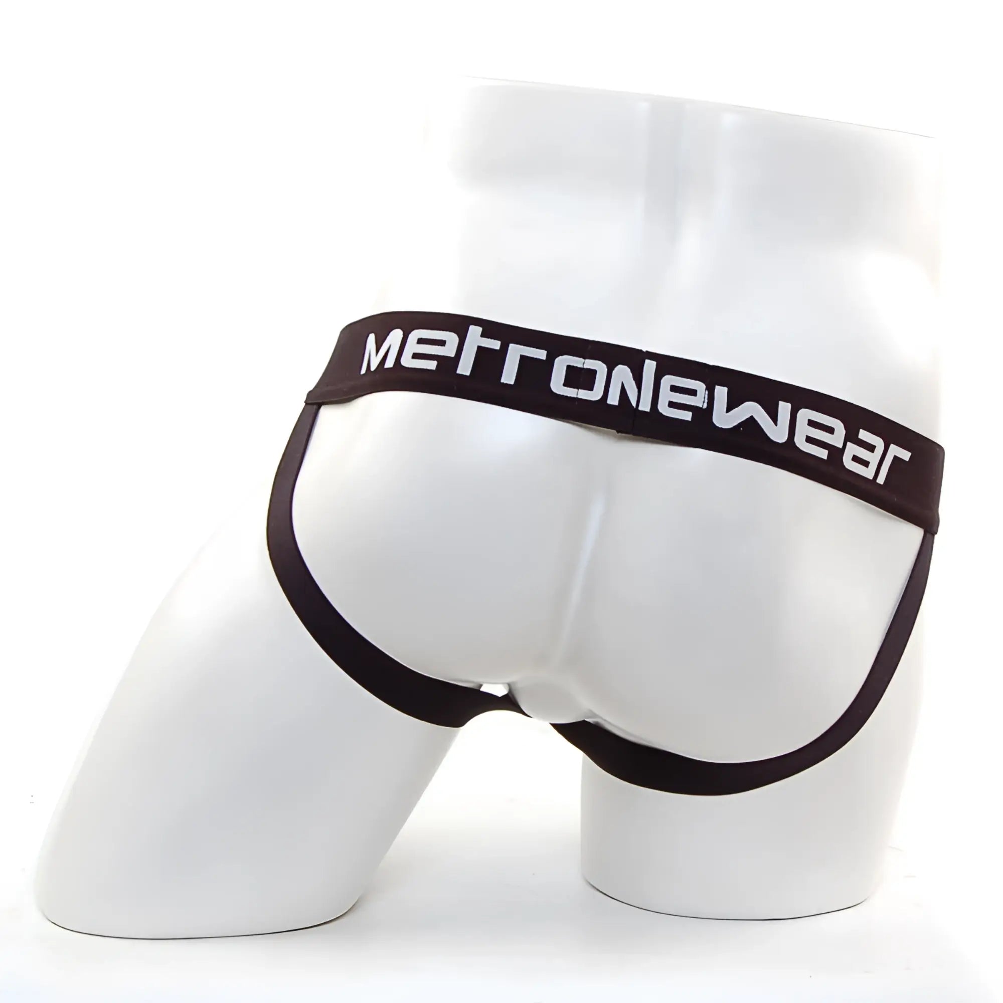 Black metro male wear briefs with sleek form fitting design and contrasting white waistband lettering front view