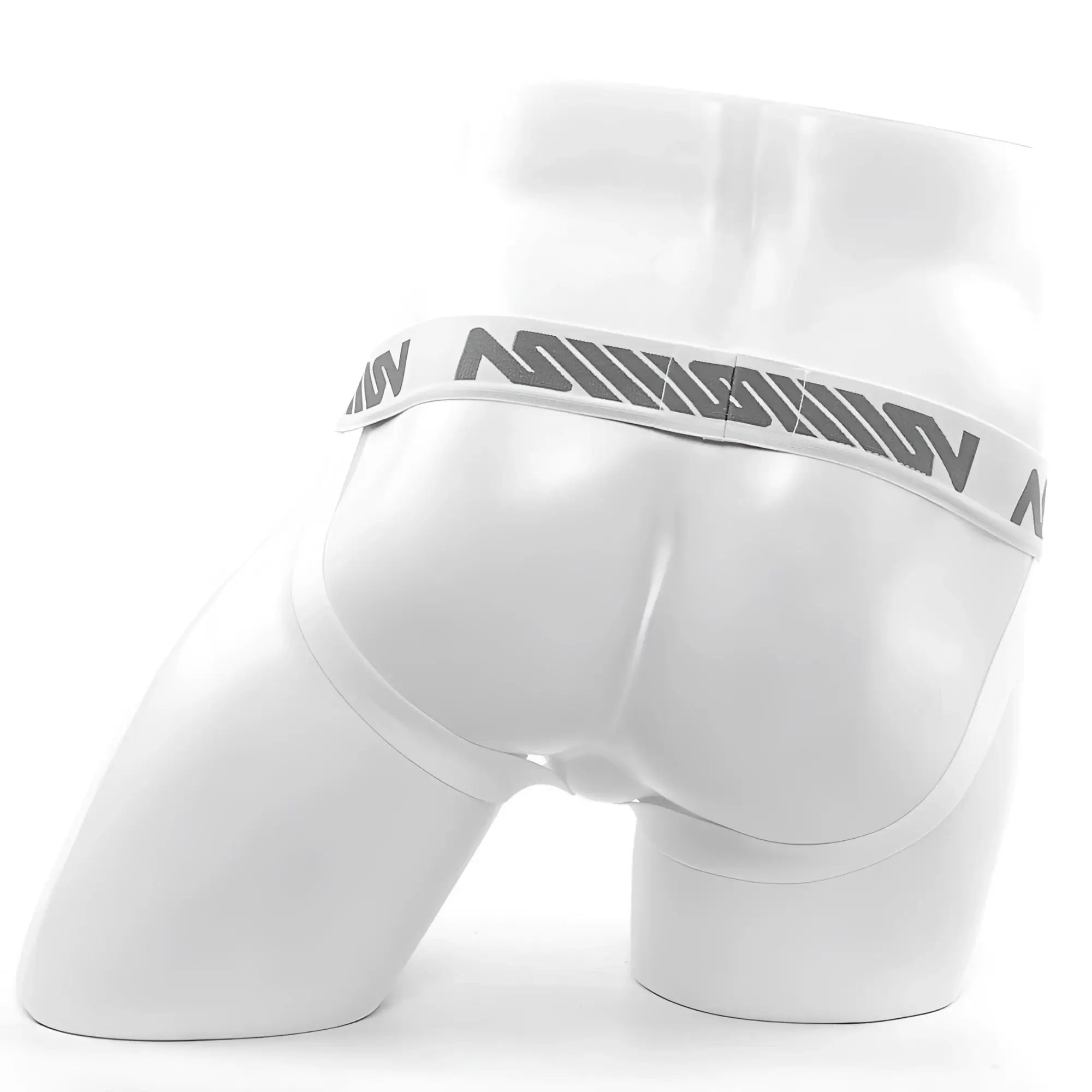 White men’s briefs with a gray ninjam logo band from MetroMaleWear Alma jock strap 1101-00 in a front view