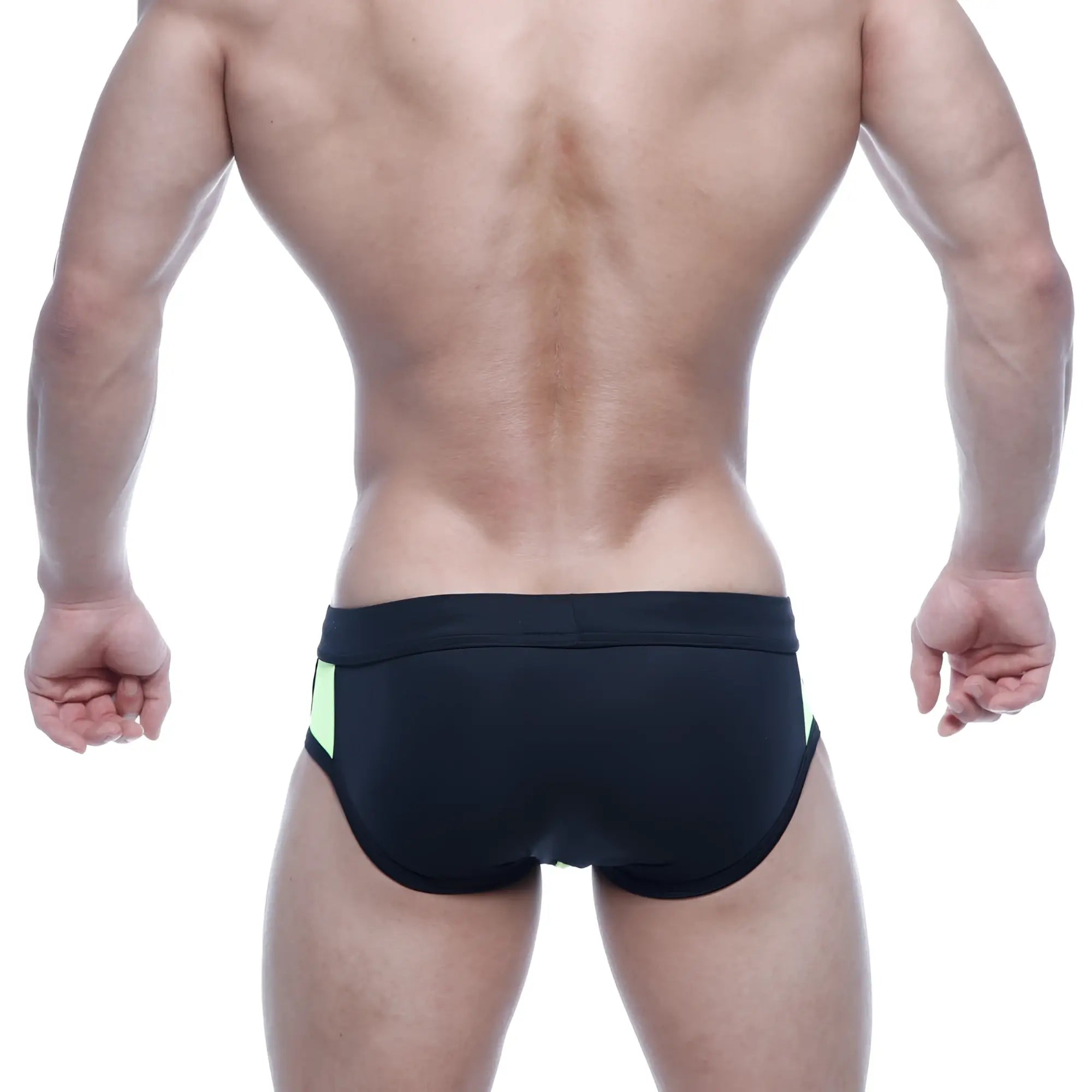 Black swim trunks with neon green side panels from metromalewear alonzo swim brief green 4997-07 for men