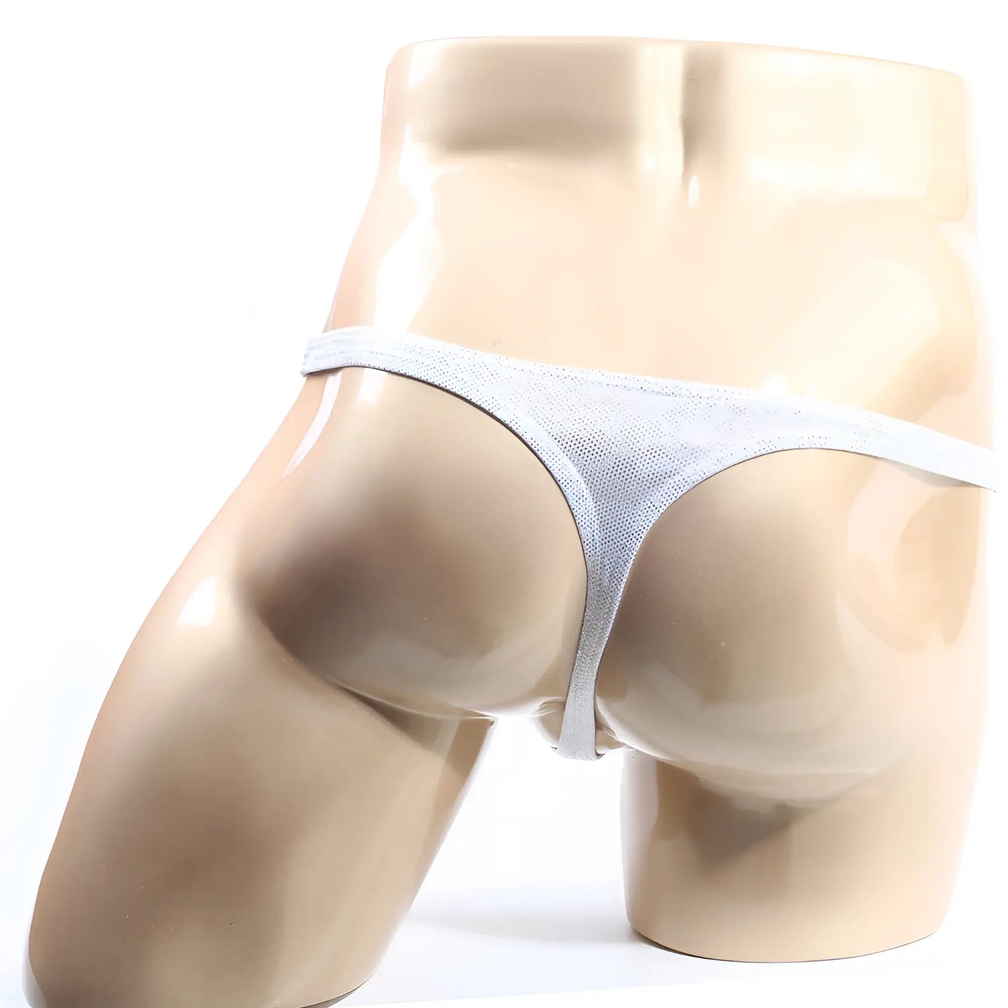 Light gray mesh thong with thin seamless design from metromalewear alucinacion thong 2302-m89 front view