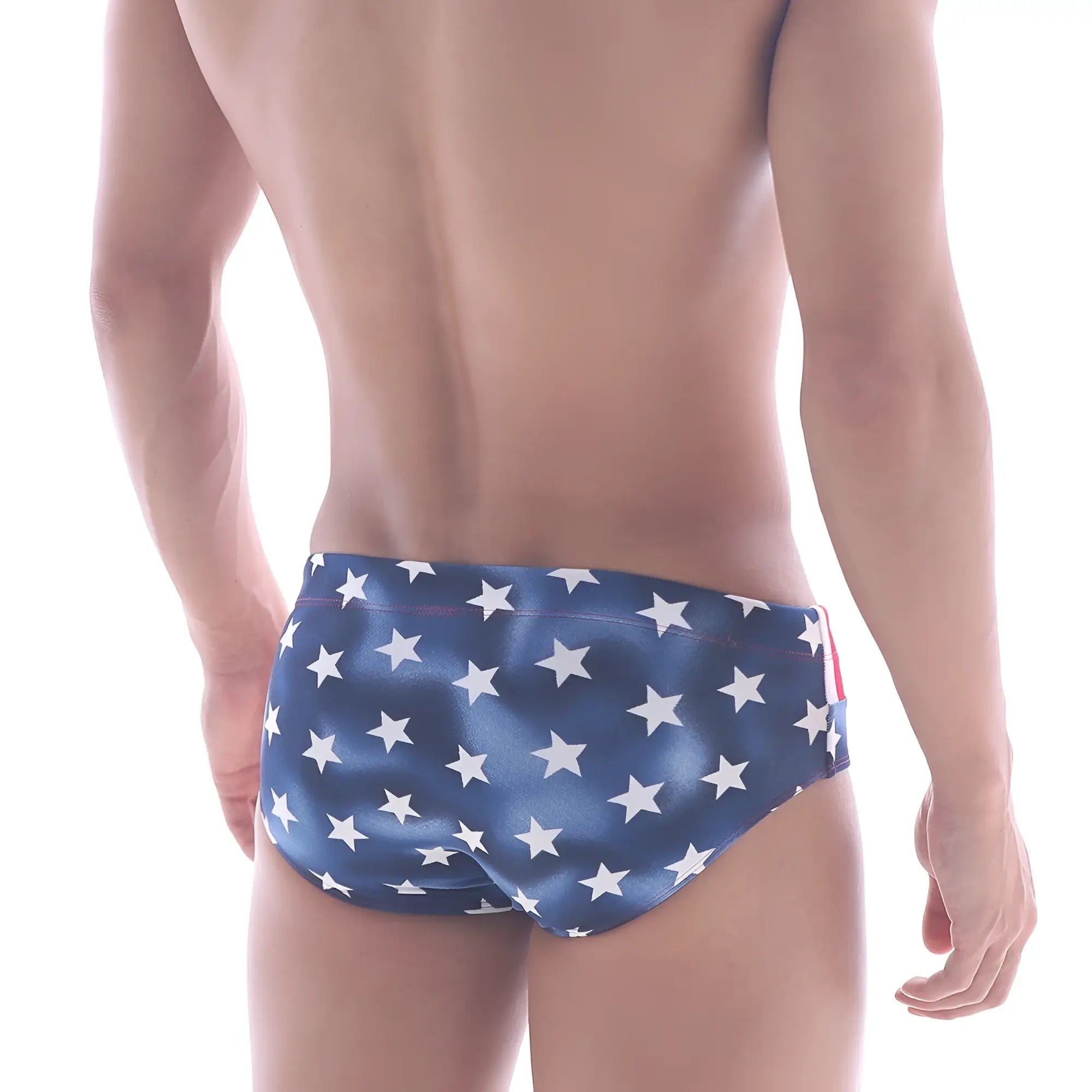 Blue MetroMaleWear American swim brief 4928-90 with white star pattern swim trunks for men