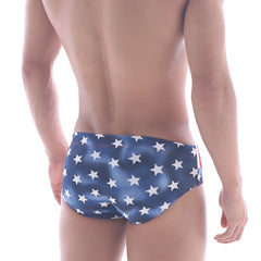 Blue MetroMaleWear American swim brief 4928-90 with white star pattern swim trunks for men