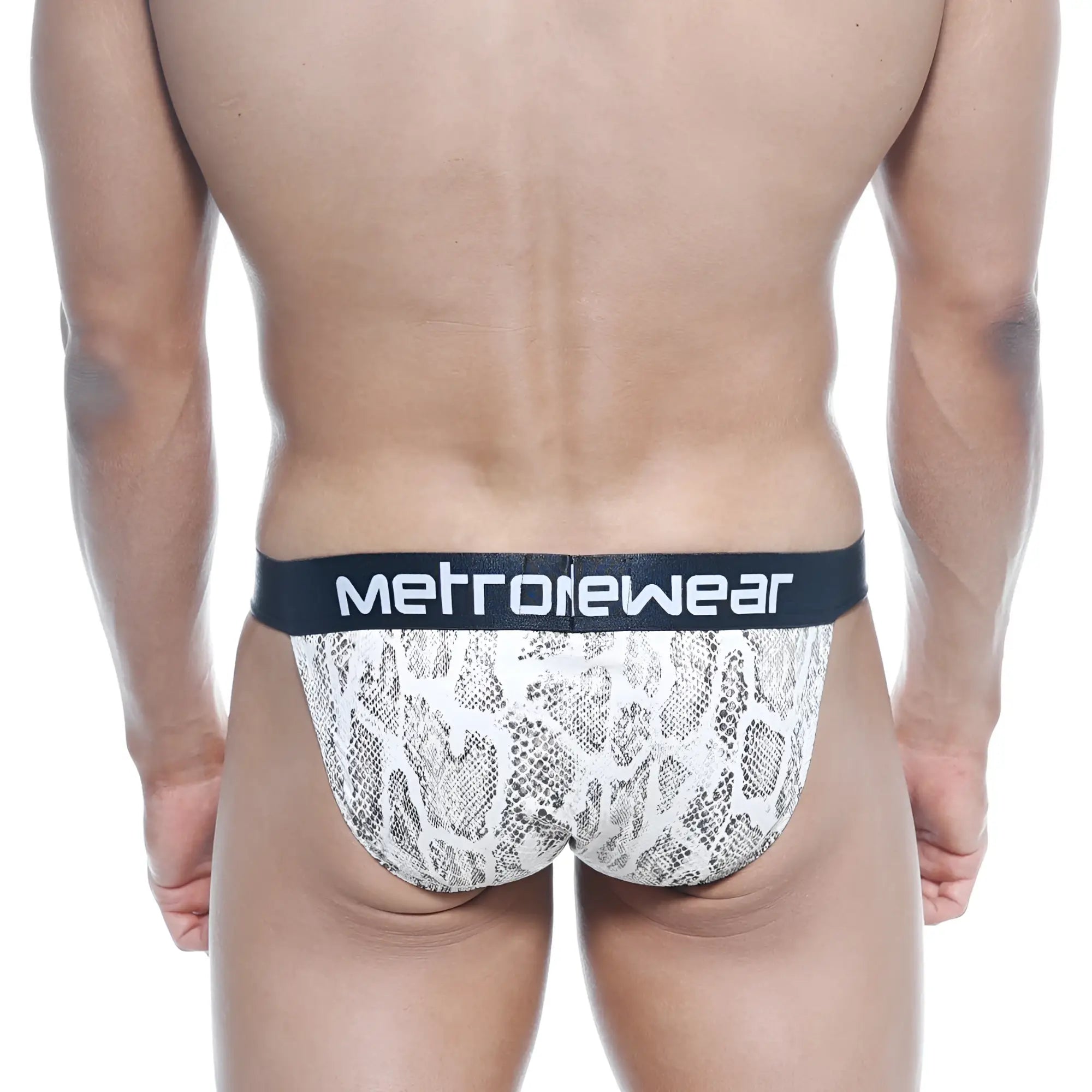 White and gray snake-print briefs with black metrowear waistband from MetroMaleWear animal bikini beige 3004-62 collection