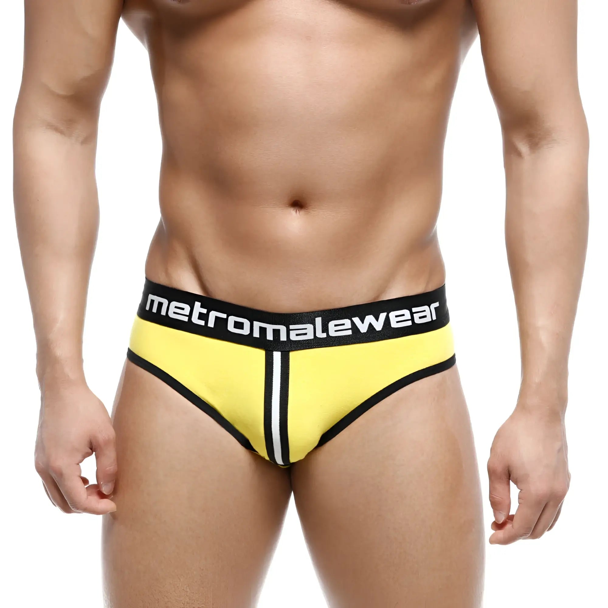 Bright yellow metro malewear apolo jock strap 5001-15 with black trim and white center stripe and logo waistband