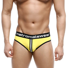 Bright yellow metro malewear apolo jock strap 5001-15 with black trim and white center stripe and logo waistband