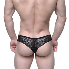 MetroMaleWear Aragon thong black featuring intricate floral lace patterns and a sheer delicate design