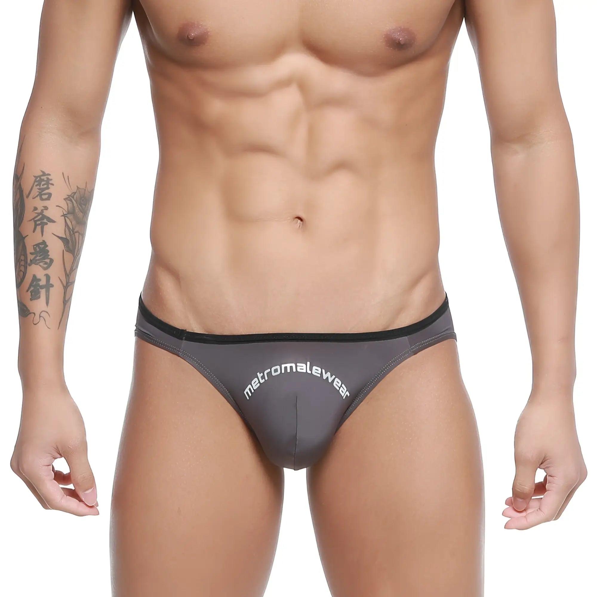 Gray men’s briefs with black trim and metromalewear branding in white from metro male wear arc bikini charcoal 2206-11