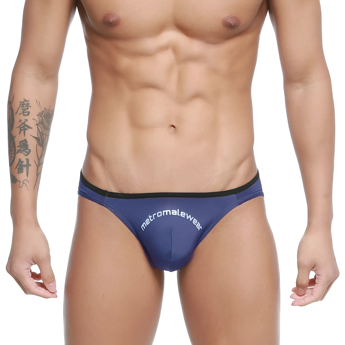Navy blue metroMaleWear arc bikini briefs with black trim and white logo for comfortable daily wear