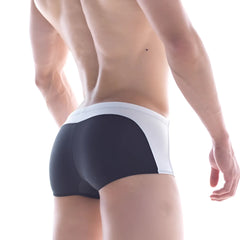 Black and white MetroMaleWear Arc swim boxer with sleek, form-fitting design ideal for athletic use