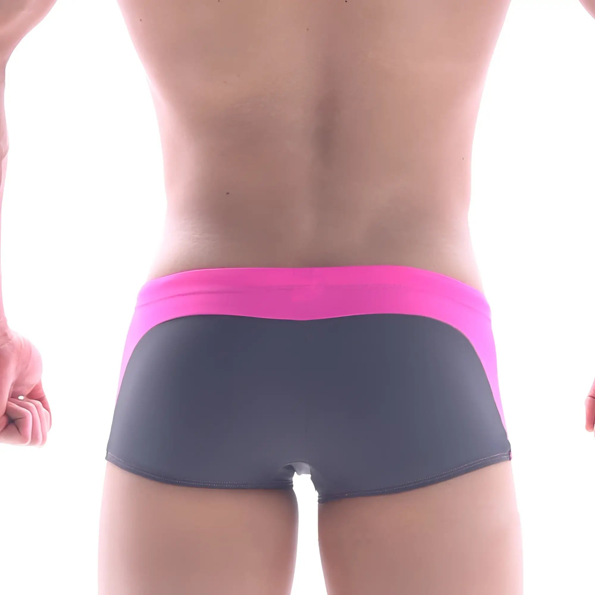 The back of metro malewear arc swim boxer pink with a vibrant pink waistband and dark gray body in sleek design