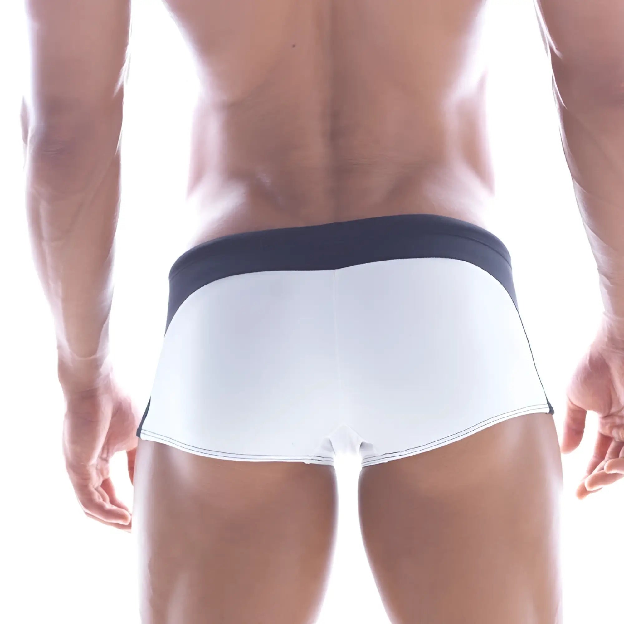 MetroMaleWear Arc swim boxer white with navy blue waistband and trim designed for comfortable swimming