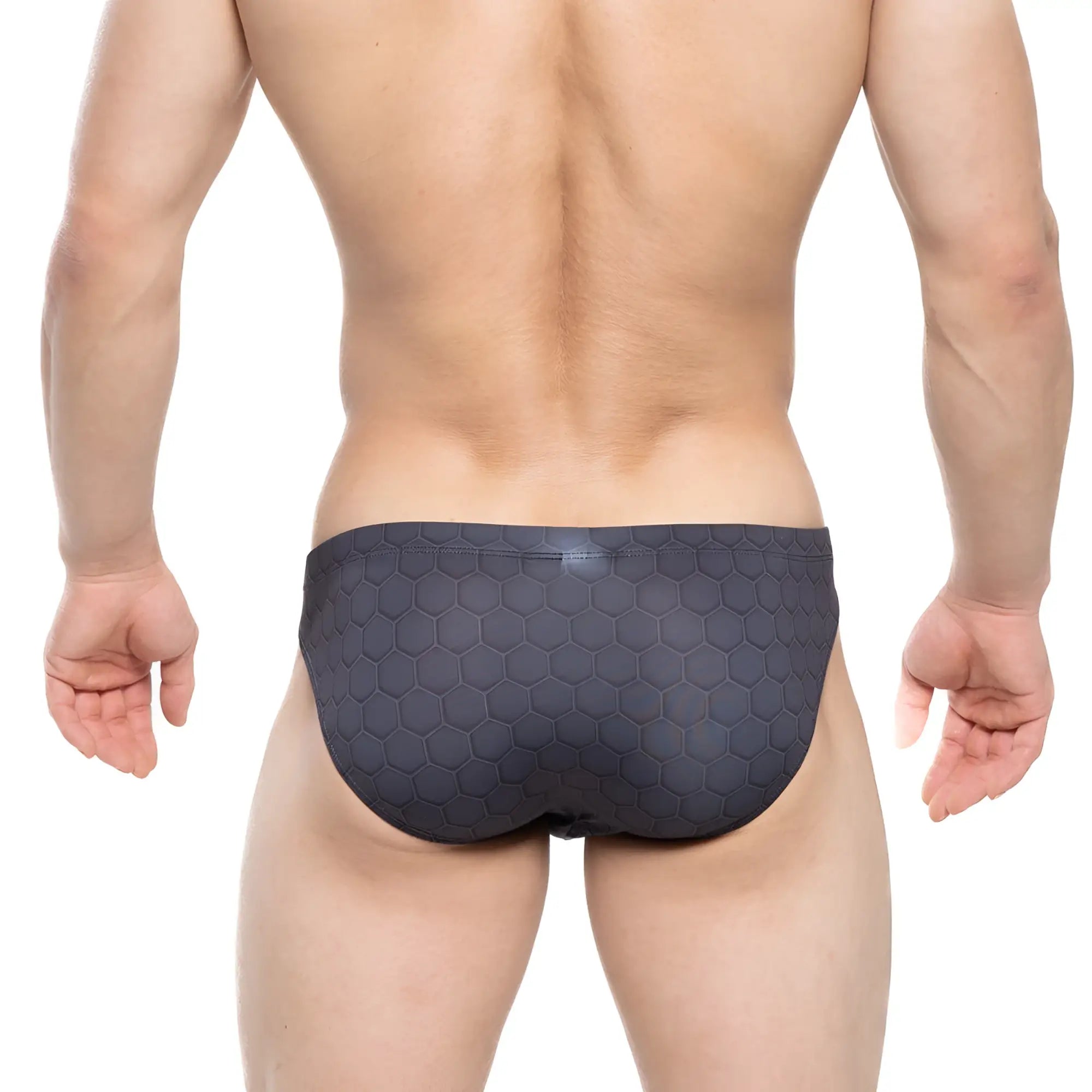 Dark gray swim trunks with textured hexagonal pattern metro malewear armour bikini 5103-m41 front view