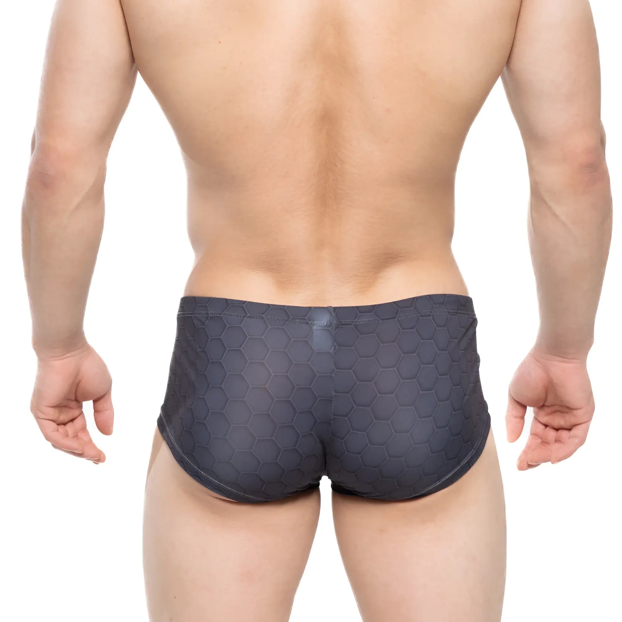 Dark gray MetroMaleWear Armour trunk 2125-43 swim trunks with a textured hexagonal pattern for stylish swim use
