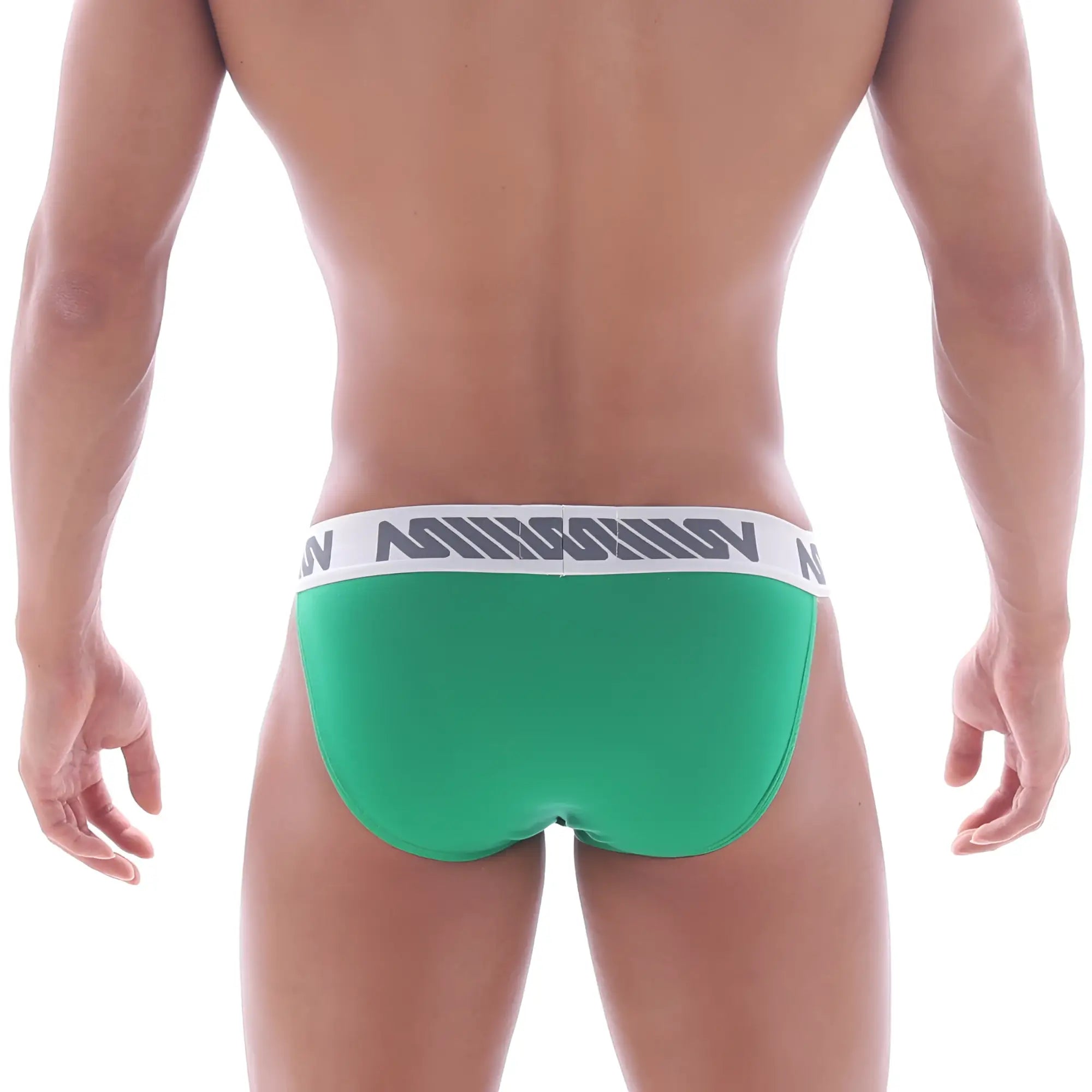 Green mens briefs with a white elastic waistband and gray logo from metromalewear asian bikini amazon green 3004-07