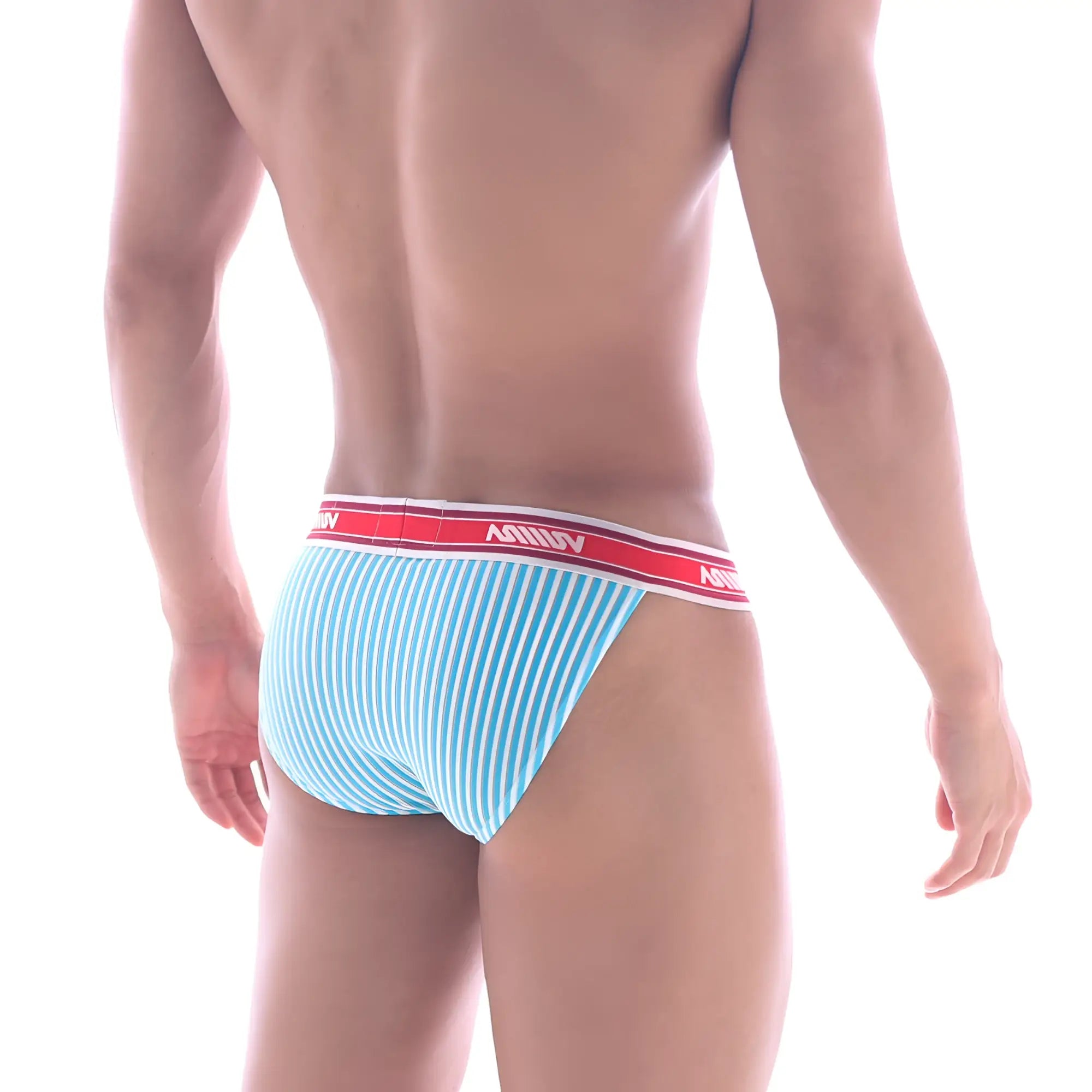 Light blue and white striped men’s briefs with a red MetroMaleWear waistband Asian bikini Arco 3004-49 model