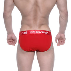 Red metromalewear asian bikini briefs in crimson with a white logo waistband for stylish comfort