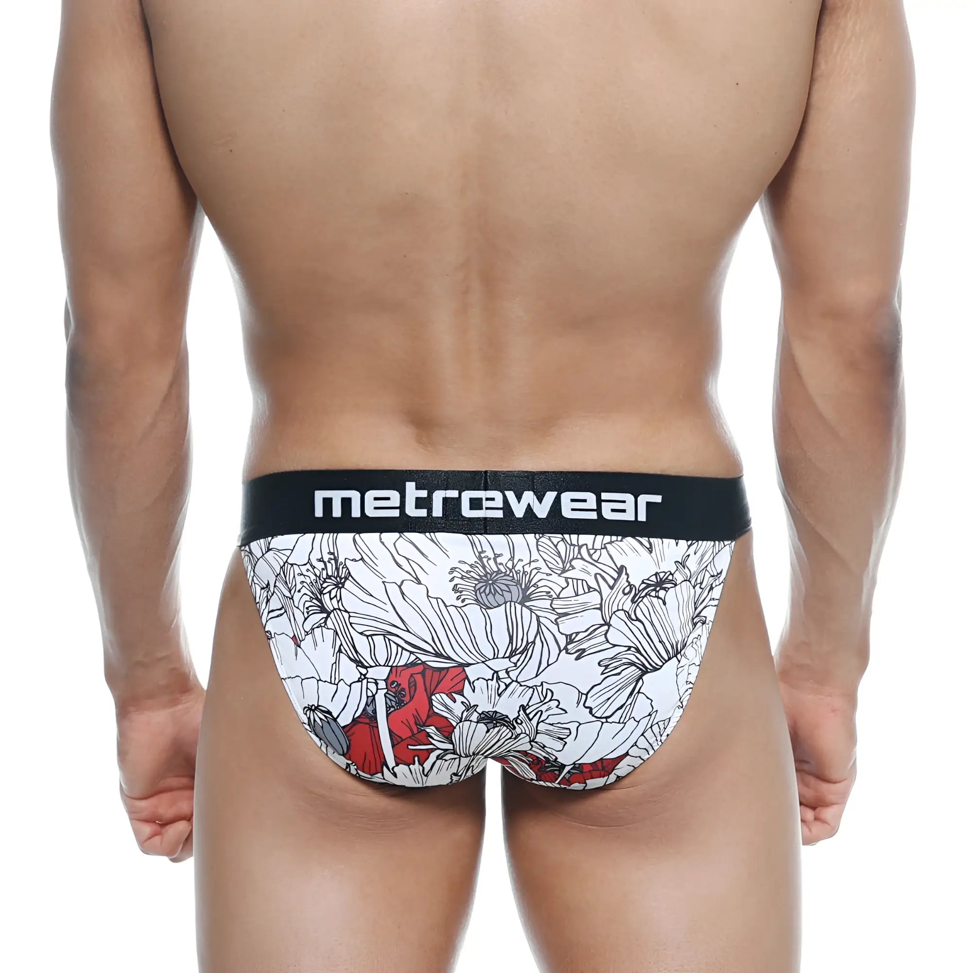 White and red floral patterned men’s briefs with black metrewear waistband metro malewear asian bikini escobar 3004-48