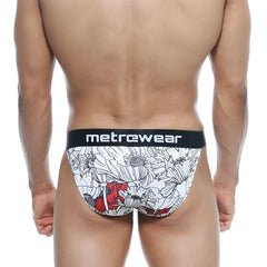 White and red floral patterned men’s briefs with black metrewear waistband metro malewear asian bikini escobar 3004-48