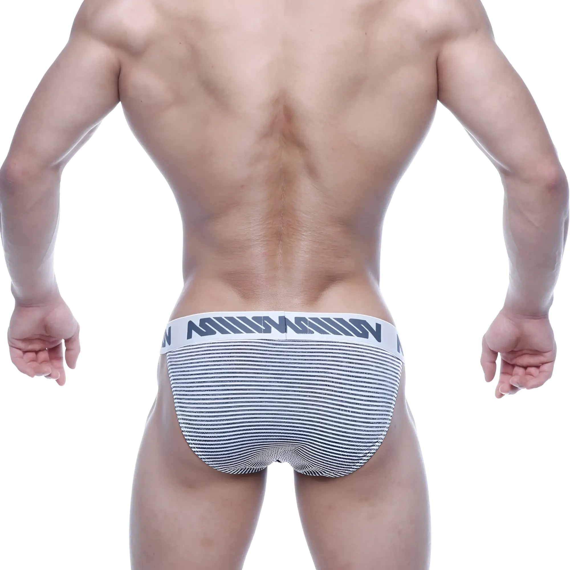 Gray and white striped men’s briefs with a bold black logo waistband from metro malewear asian bikini 3004-46