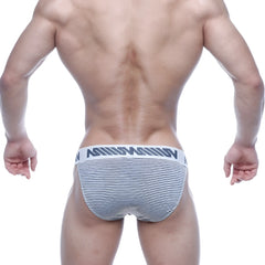 Gray and white striped men’s briefs with a bold black logo waistband from metro malewear asian bikini 3004-46
