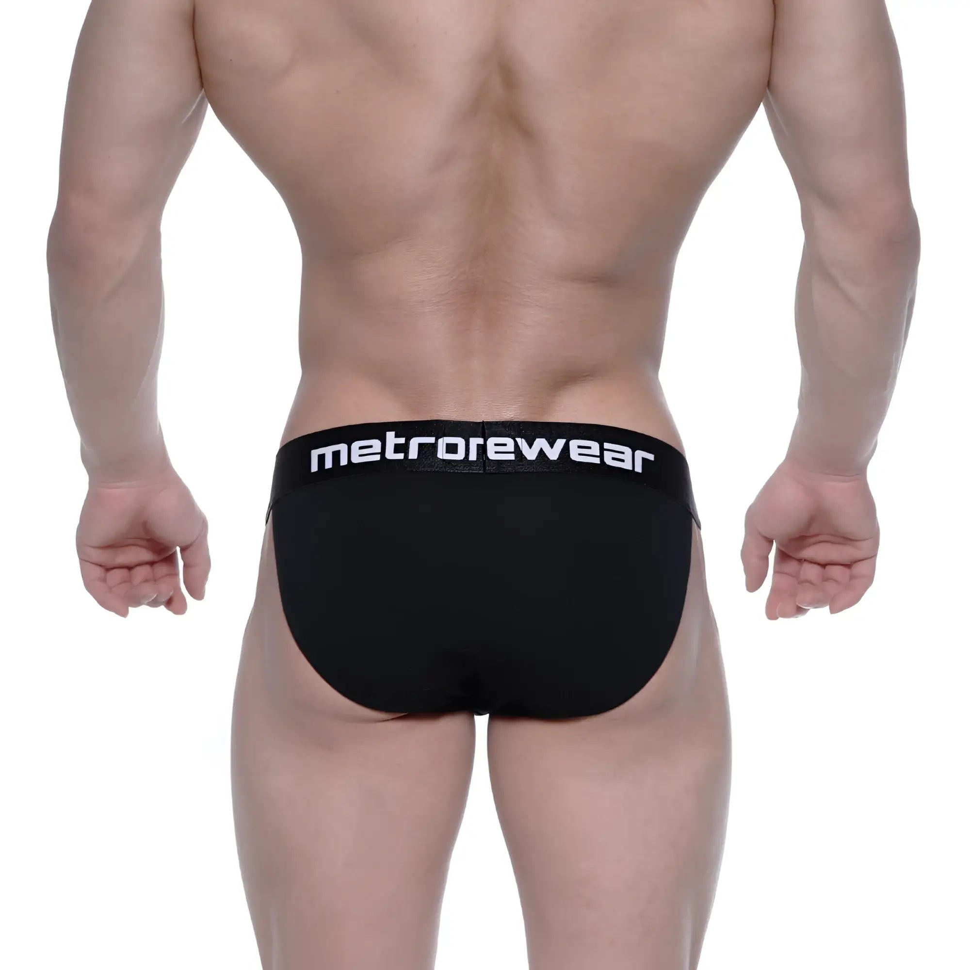 Black men’s briefs with white metrowear logo on waistband from metro male wear asian bikini intense 3004-21