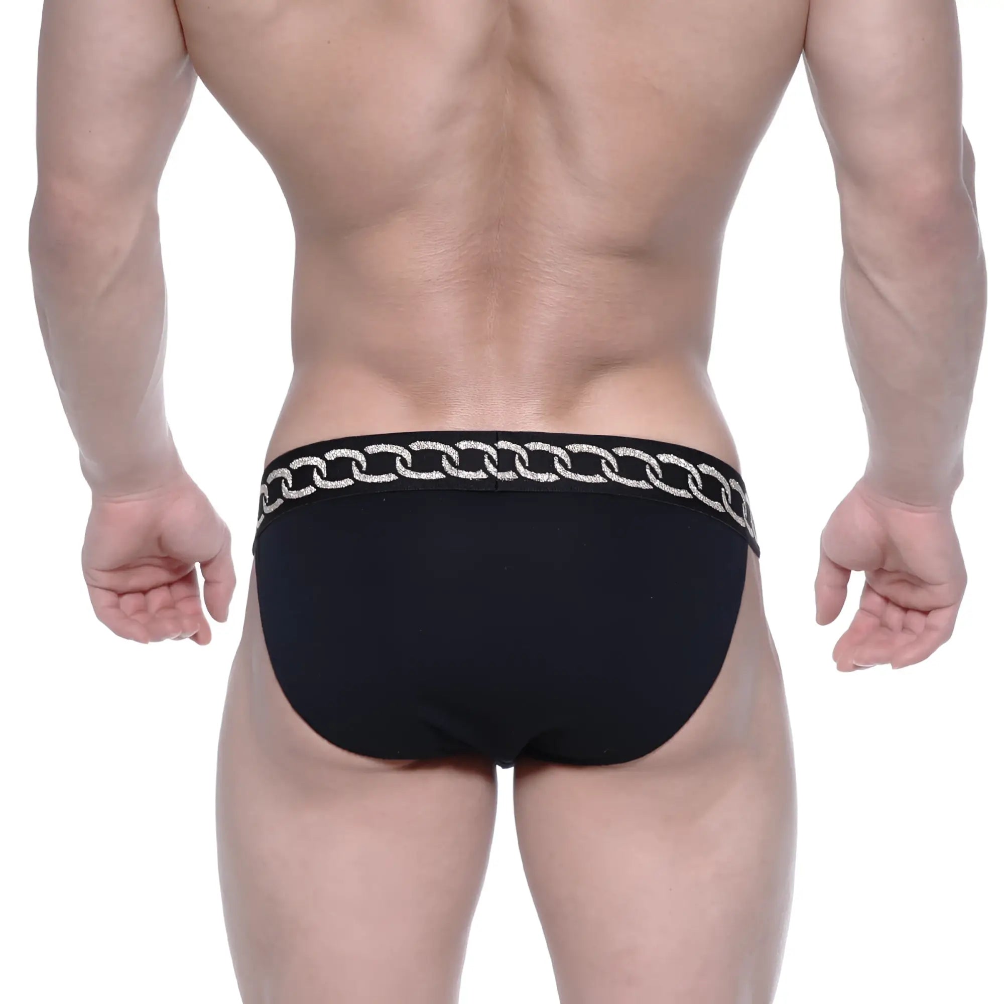 Black briefs with silver chain-link waistband pattern metroMalewear asian bikini metal black 3004-M20 front view